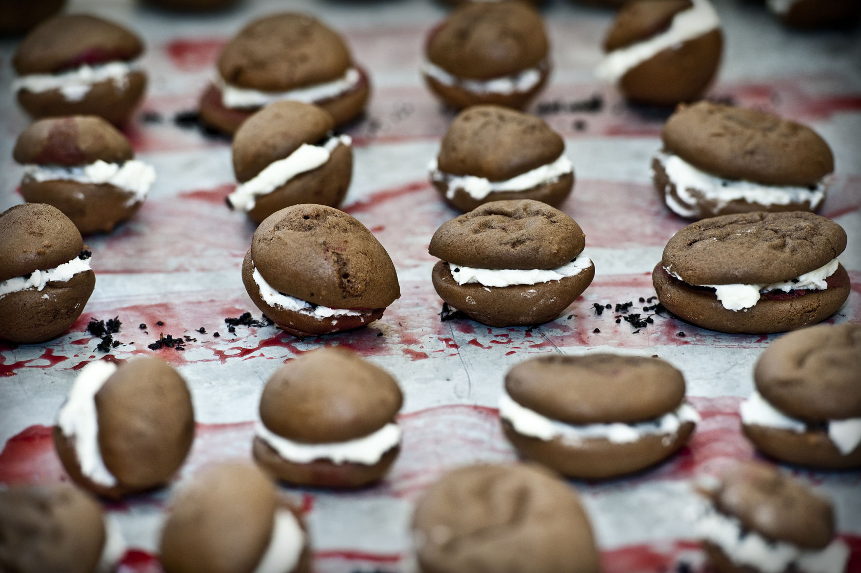 Chocolate whoopie pies with ants and raspberry